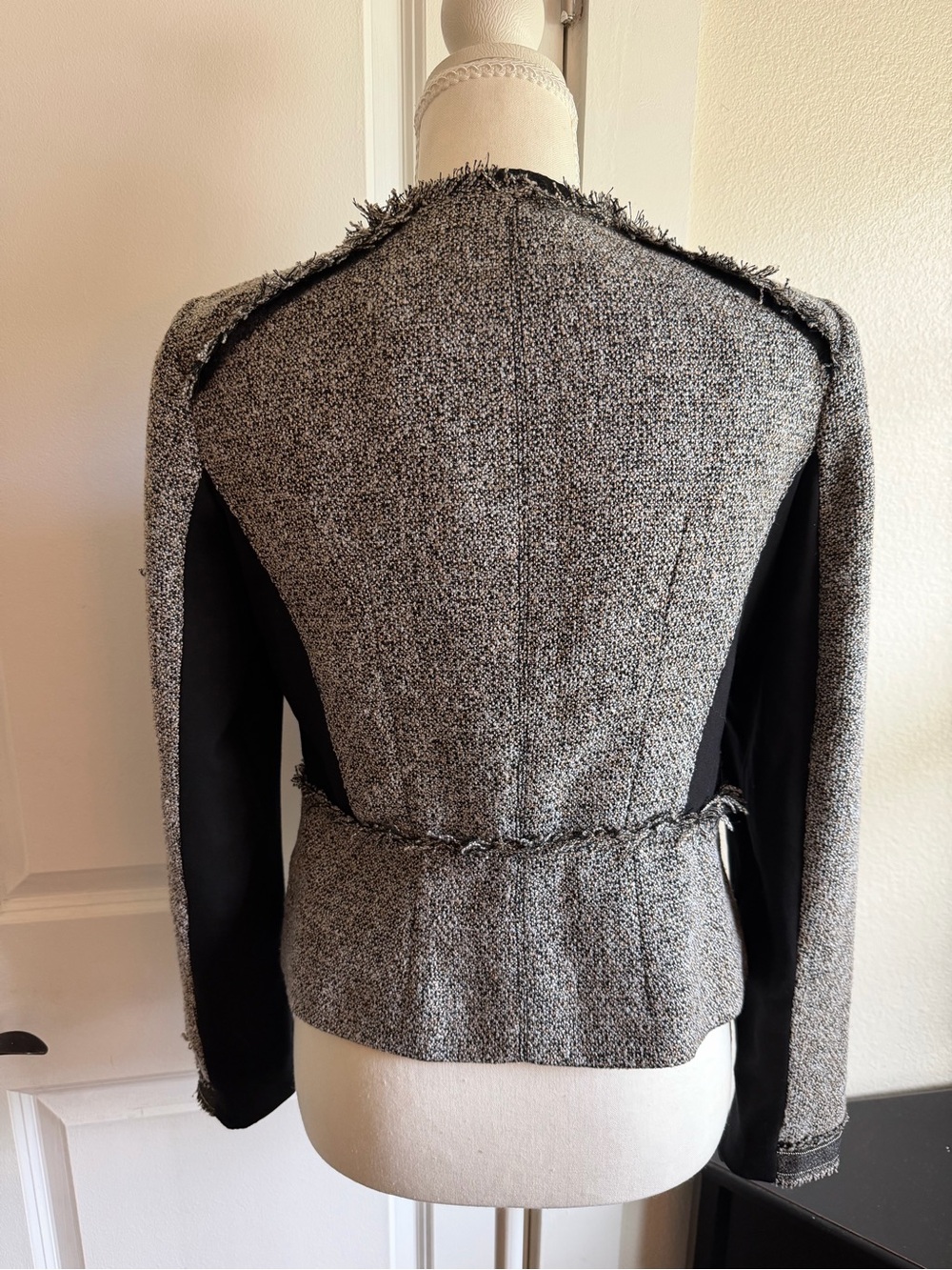 White House Black Market Black and Gray Tweed Fringe Zip Blazer - Picture 9 of 12